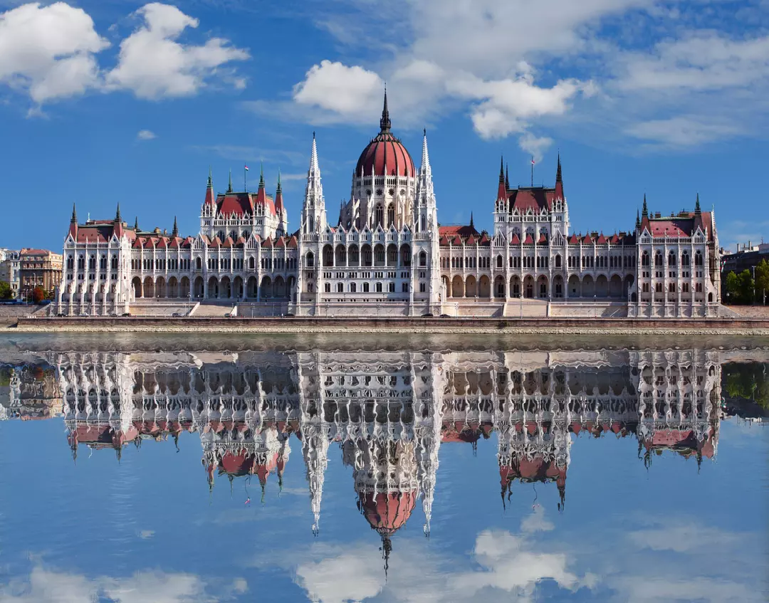 Budapest Parliament in daylight along the Danube River, a popular destination wedding backdrop in Hungary